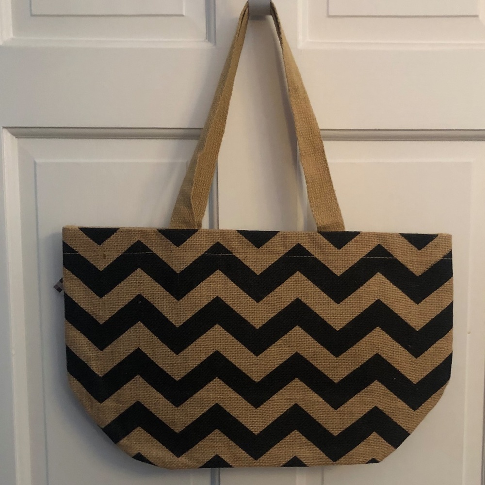 Black & tan chevron burlap tote bag NWT